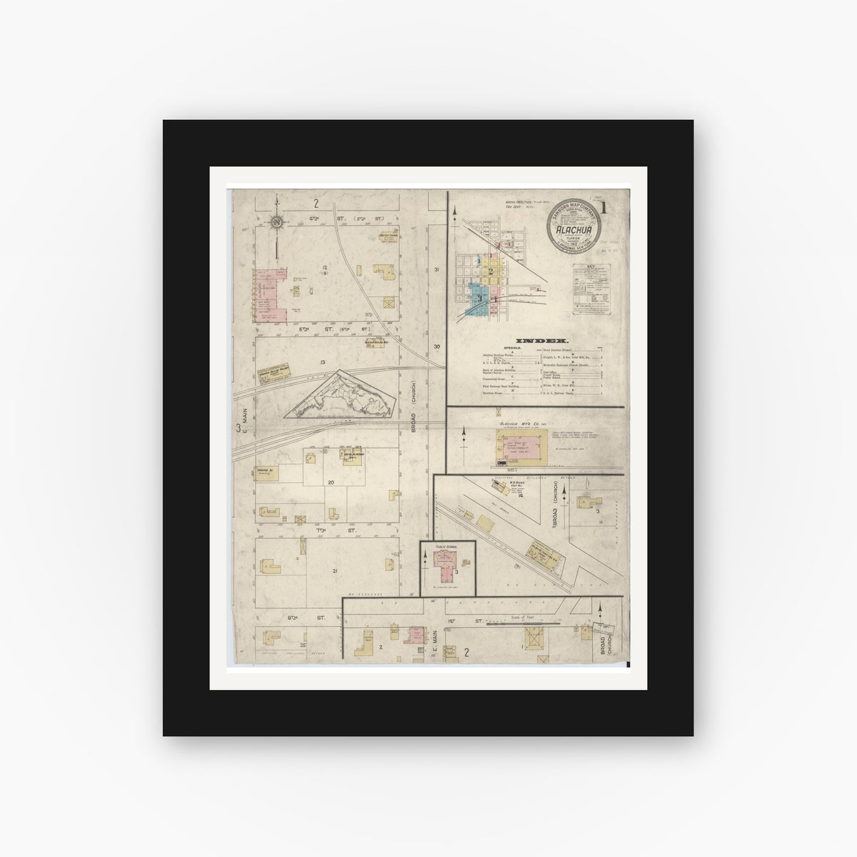 Old map wall art mockup — black gallery frame with white mat — Sanborn Fire Insurance Map from Alachua, Alachua County, Florida (1912) - Complete Map Set