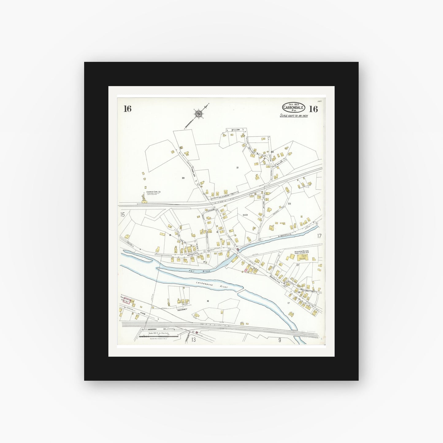 Old map wall art mockup — black gallery frame with white mat — Sanborn Fire Insurance Map from Carbondale, Lackawanna County, Pennsylvania (1923), Sheet #0016
