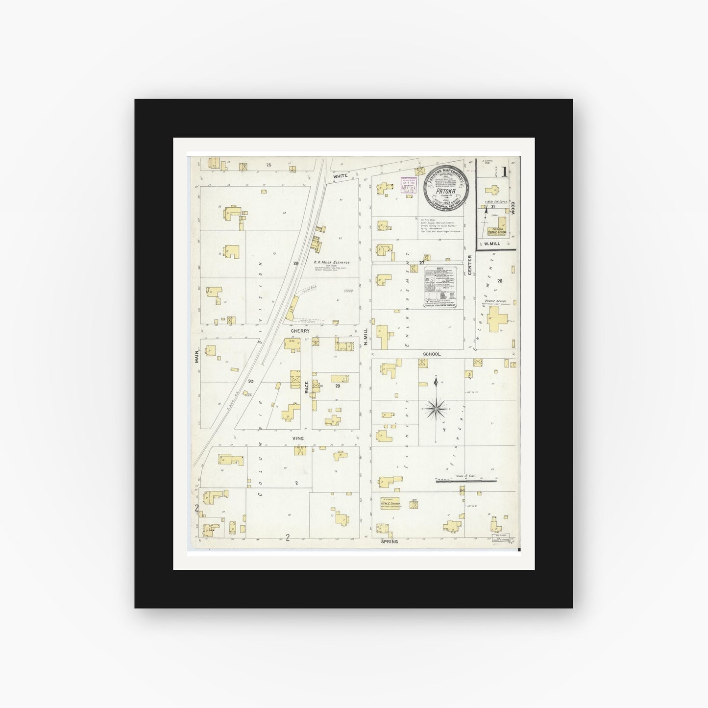Old map wall art mockup — black gallery frame with white mat — Sanborn Fire Insurance Map from Patoka, Gibson County, Indiana (1907), Sheet #0001