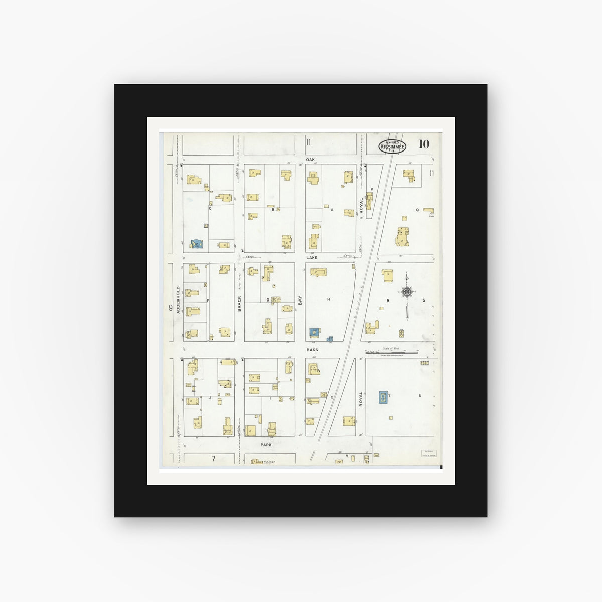 Old map wall art mockup — black gallery frame with white mat — Sanborn Fire Insurance Map from Kissimmee, Osceola County, Florida (1920), Sheet #0010