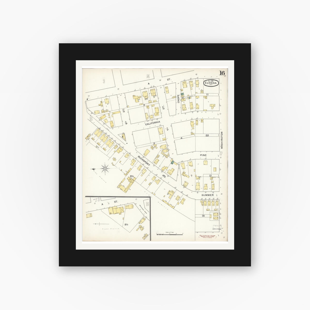 Old map wall art mockup — black gallery frame with white mat — Sanborn Fire Insurance Map from Eureka, Humboldt County, California (1892), Sheet #0016