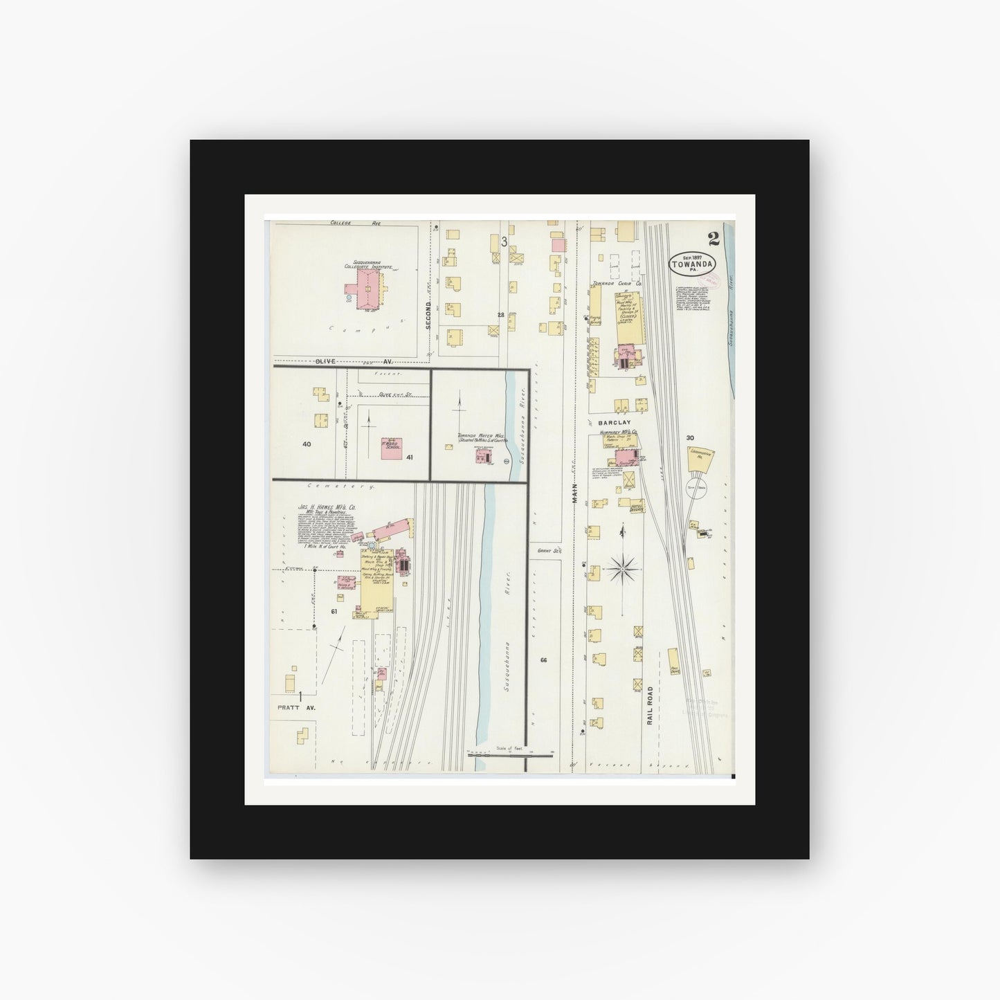 Old map wall art mockup — black gallery frame with white mat — Sanborn Fire Insurance Map from Towanda, Bradford County, Pennsylvania (1897), Sheet #0002
