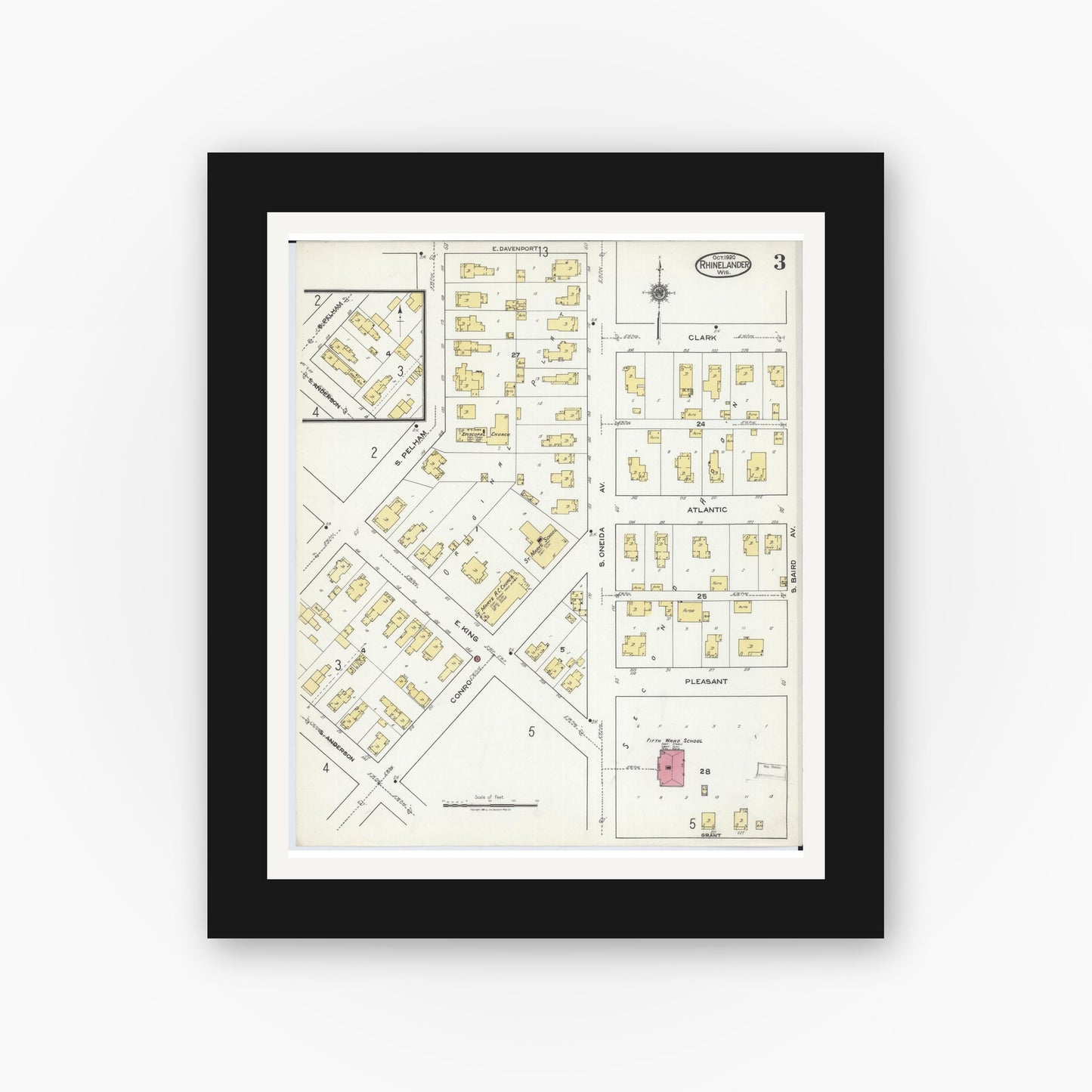 Old map wall art mockup — black gallery frame with white mat — Sanborn Fire Insurance Map from Rhinelander, Oneida County, Wisconsin (1920), Sheet #0003