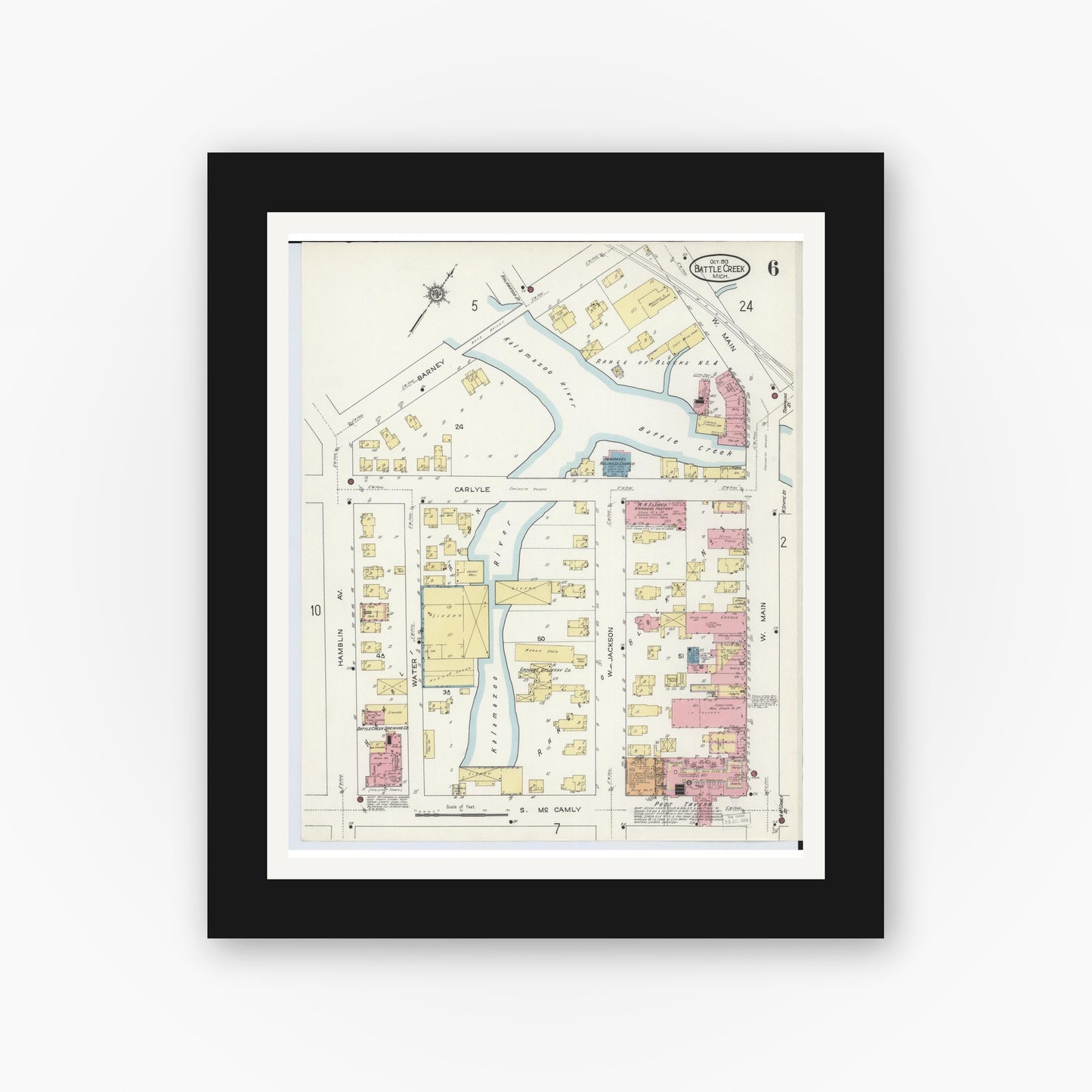 Old map wall art mockup — black gallery frame with white mat — Sanborn Fire Insurance Map from Battle Creek, Calhoun County, Michigan (1913), Sheet #0006