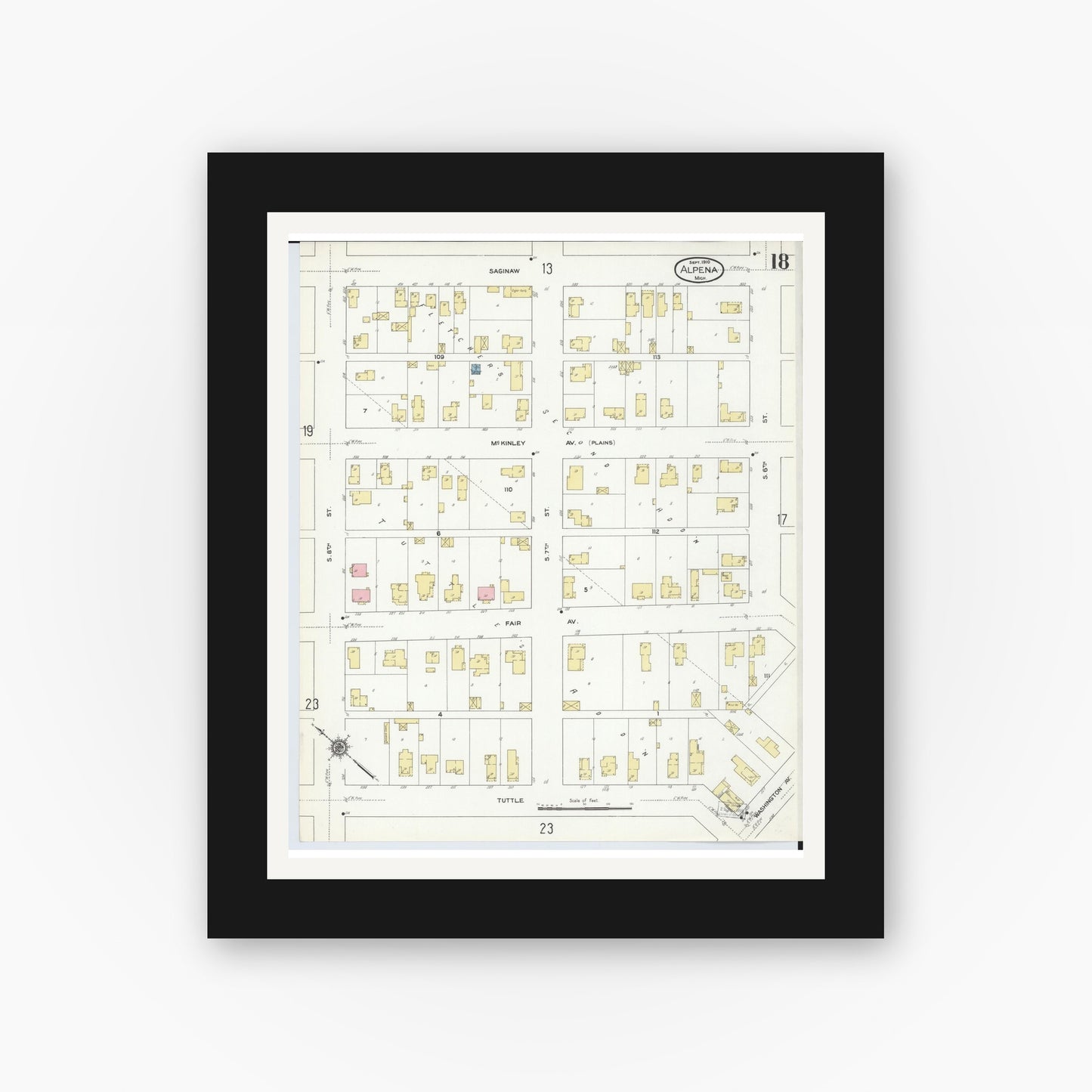 Old map wall art mockup — black gallery frame with white mat — Sanborn Fire Insurance Map from Alpena, Alpena County, Michigan (1910), Sheet #0018