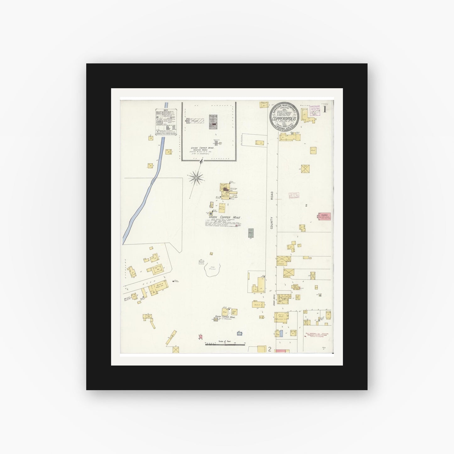 Old map wall art mockup — black gallery frame with white mat — Sanborn Fire Insurance Map from Copperopolis, Calaveras County, California (1908), Sheet #0001