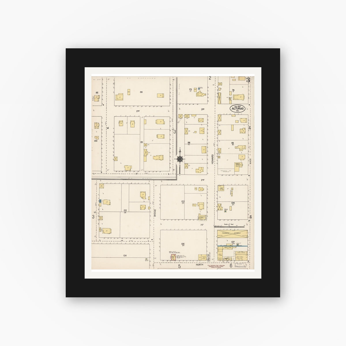 Old map wall art mockup — black gallery frame with white mat — Sanborn Fire Insurance Map from Alturas, Modoc County, California (1912), Sheet #0003