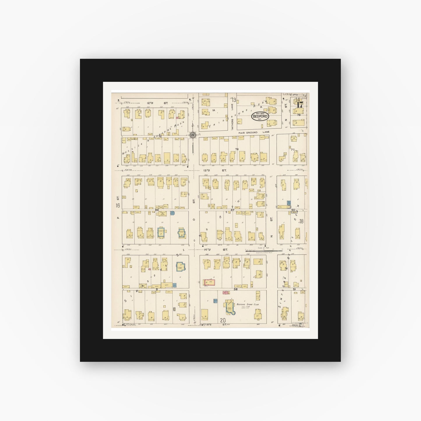 Old map wall art mockup — black gallery frame with white mat — Sanborn Fire Insurance Map from Bedford, Lawrence County, Indiana (1922), Sheet #0017