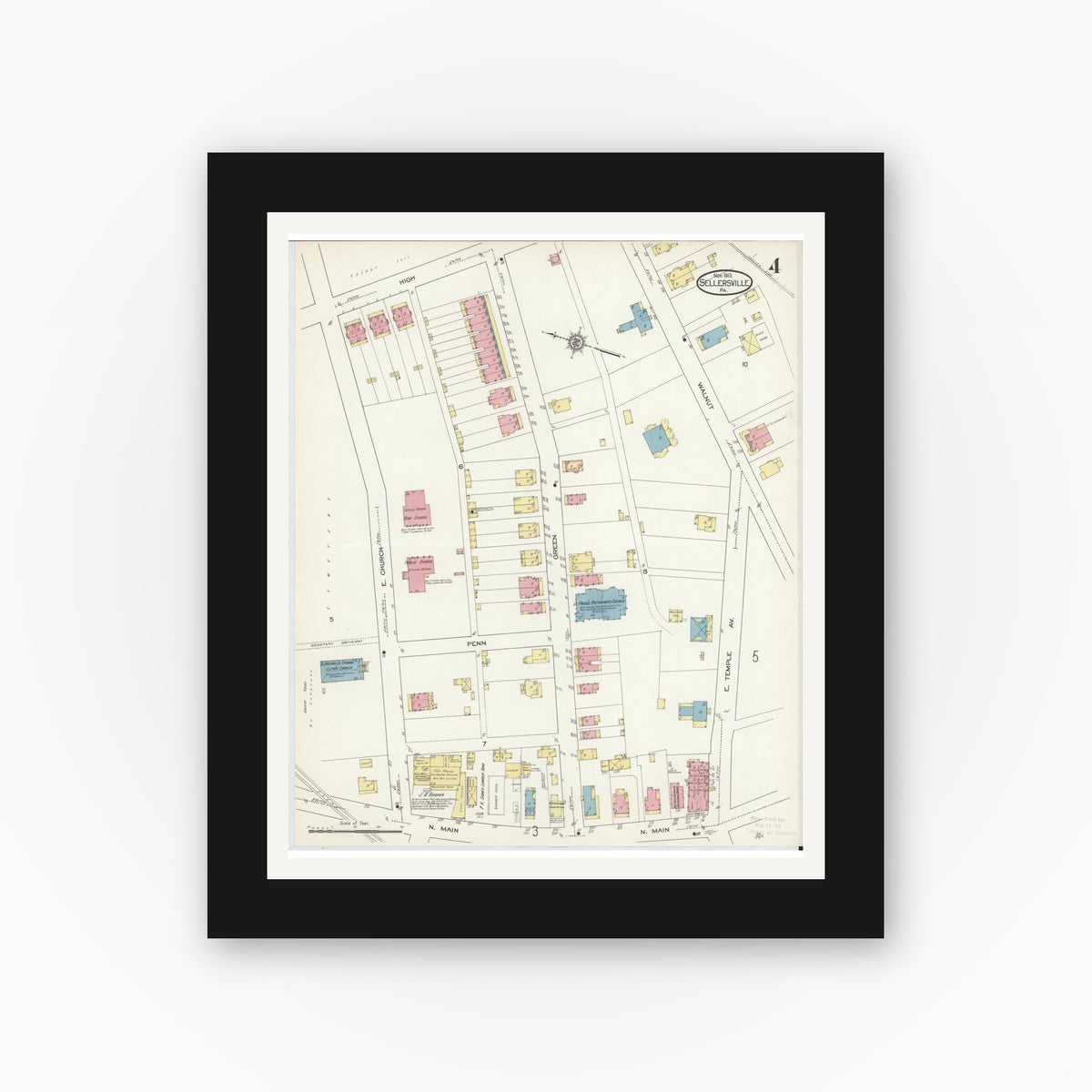 Old map wall art mockup β black gallery frame with white mat β Sanborn Fire Insurance Map from Sellersville, Bucks County, Pennsylvania (1913), Sheet #0004