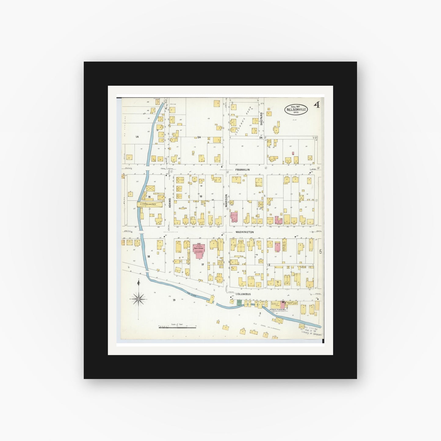 Old map wall art mockup — black gallery frame with white mat — Sanborn Fire Insurance Map from Nelsonville, Athens County, Ohio (1907), Sheet #0004