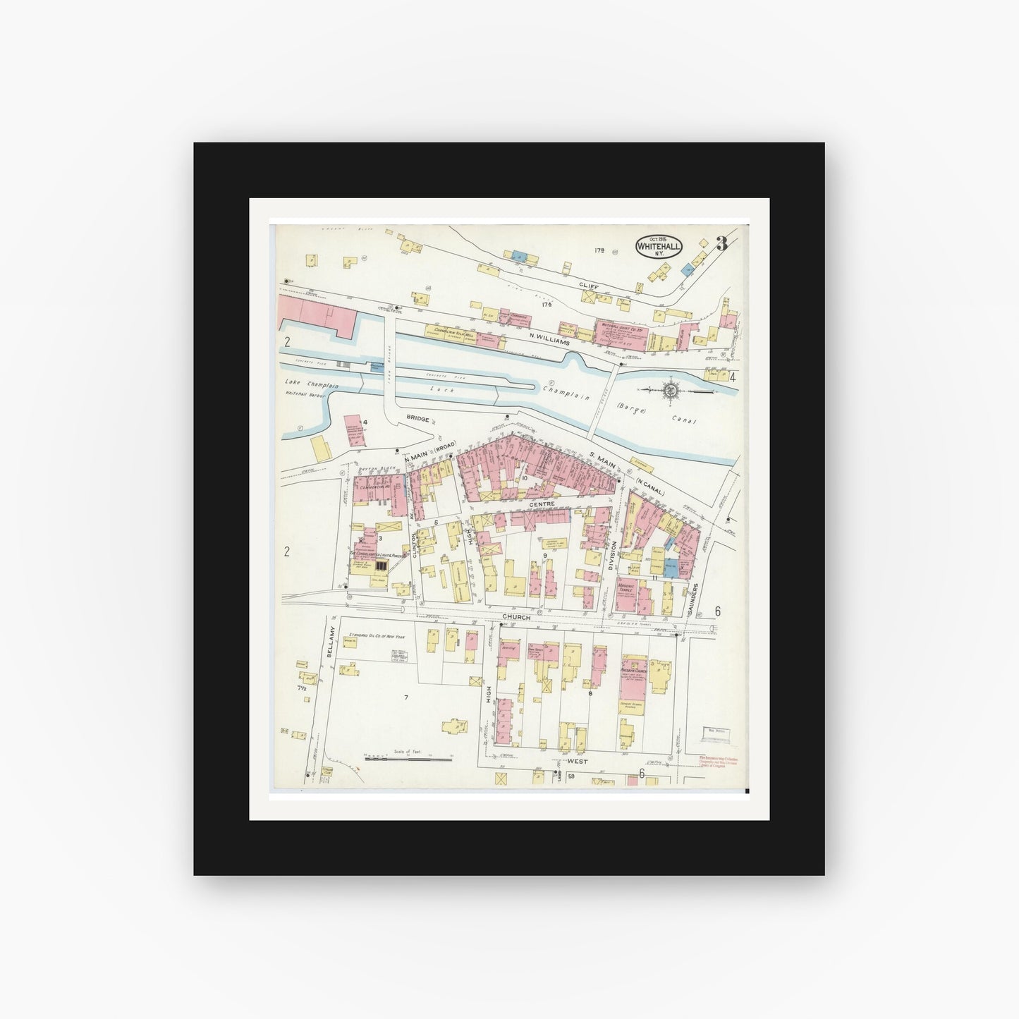 Old map wall art mockup — black gallery frame with white mat — Sanborn Fire Insurance Map from Whitehall, Washington County, New York (1915), Sheet #0003