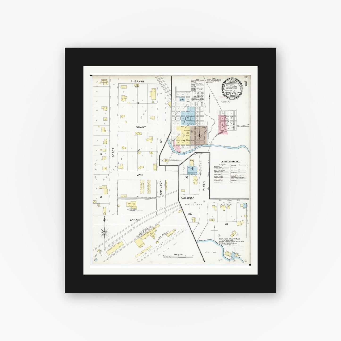Old map wall art mockup — black gallery frame with white mat — Sanborn Fire Insurance Map from Iowa Falls, Hardin County, Iowa (1892) — Complete Set