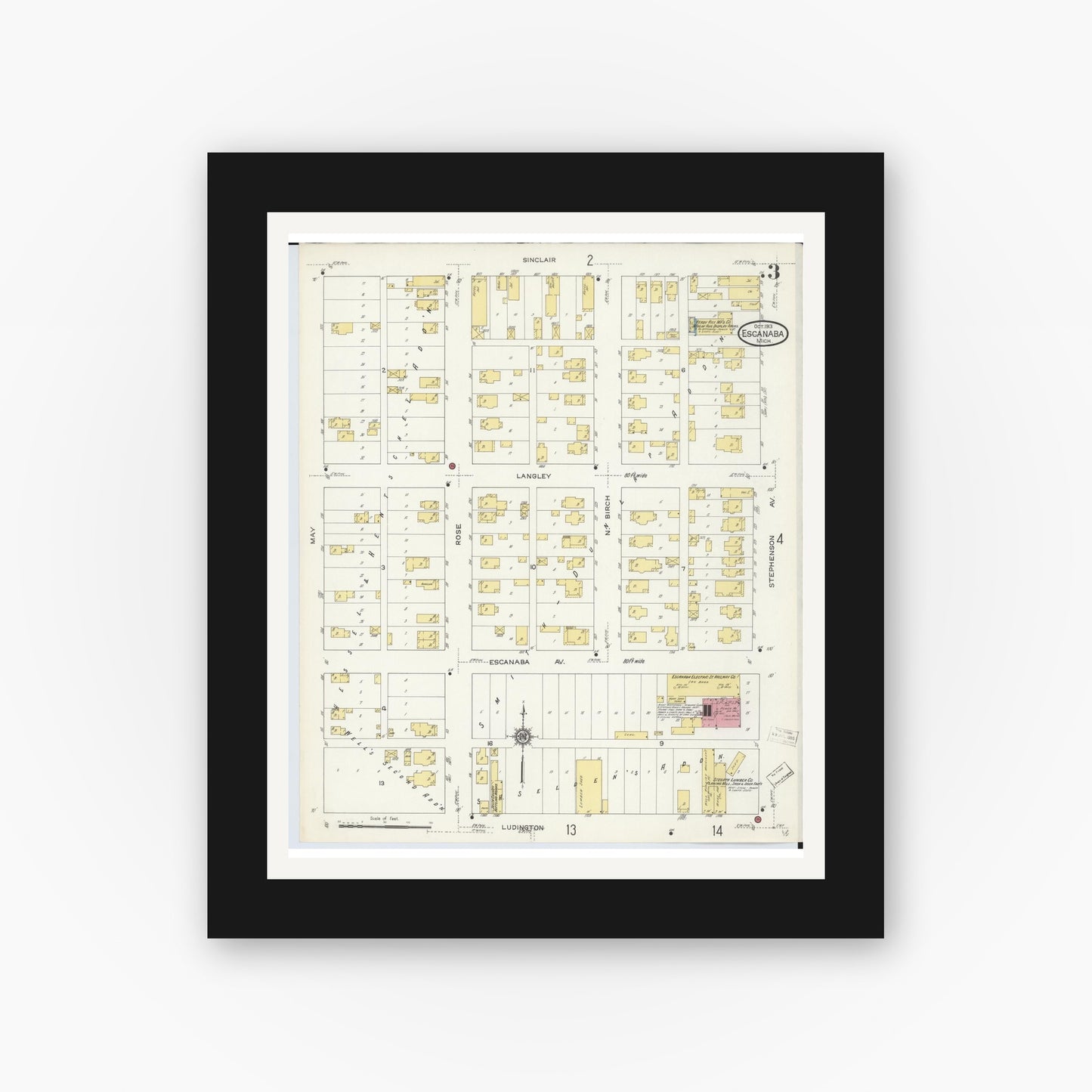 Old map wall art mockup — black gallery frame with white mat — Sanborn Fire Insurance Map from Escanaba, Delta County, Michigan (1913), Sheet #0003