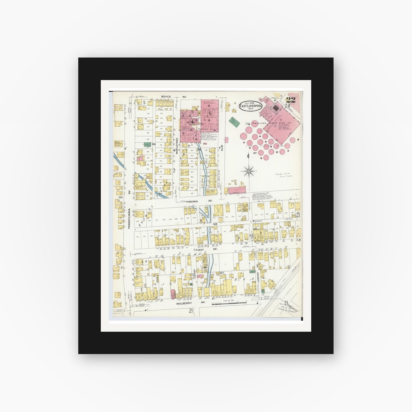 Old map wall art mockup — black gallery frame with white mat — Sanborn Fire Insurance Map from East Liverpool, Columbiana County, Ohio (1908), Sheet #0022