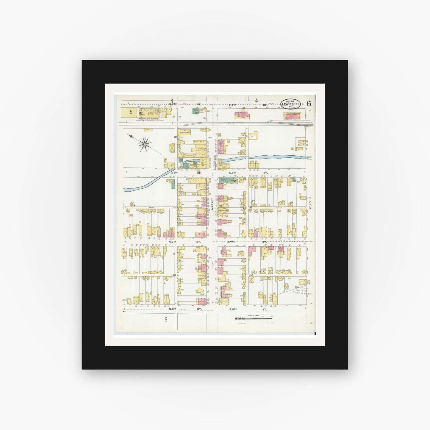 Old map wall art mockup — black gallery frame with white mat — Sanborn Fire Insurance Map from Lewisburg, Union County, Pennsylvania (1906), Sheet #0006