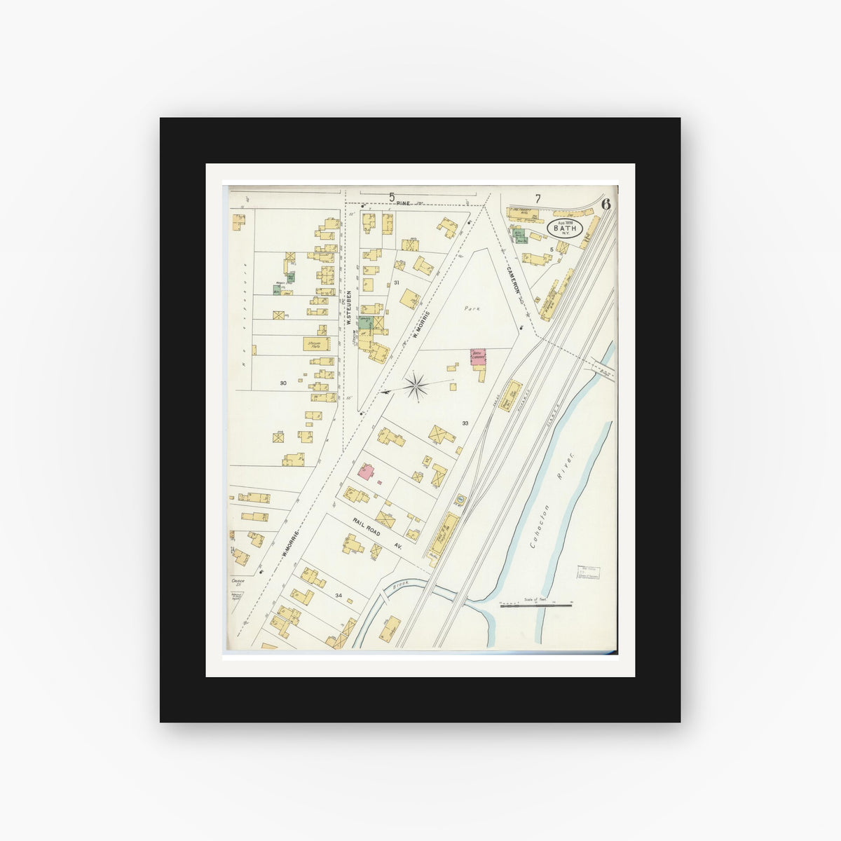 Old map wall art mockup — black gallery frame with white mat — Sanborn Fire Insurance Map from Bath, Steuben County, New York (1898), Sheet #0006