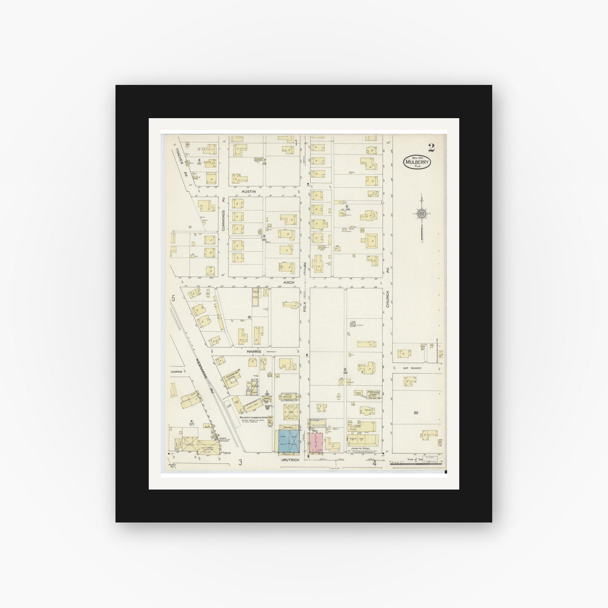 Old map wall art mockup — black gallery frame with white mat — Sanborn Fire Insurance Map from Mulberry, Polk County, Florida (1914), Sheet #0002