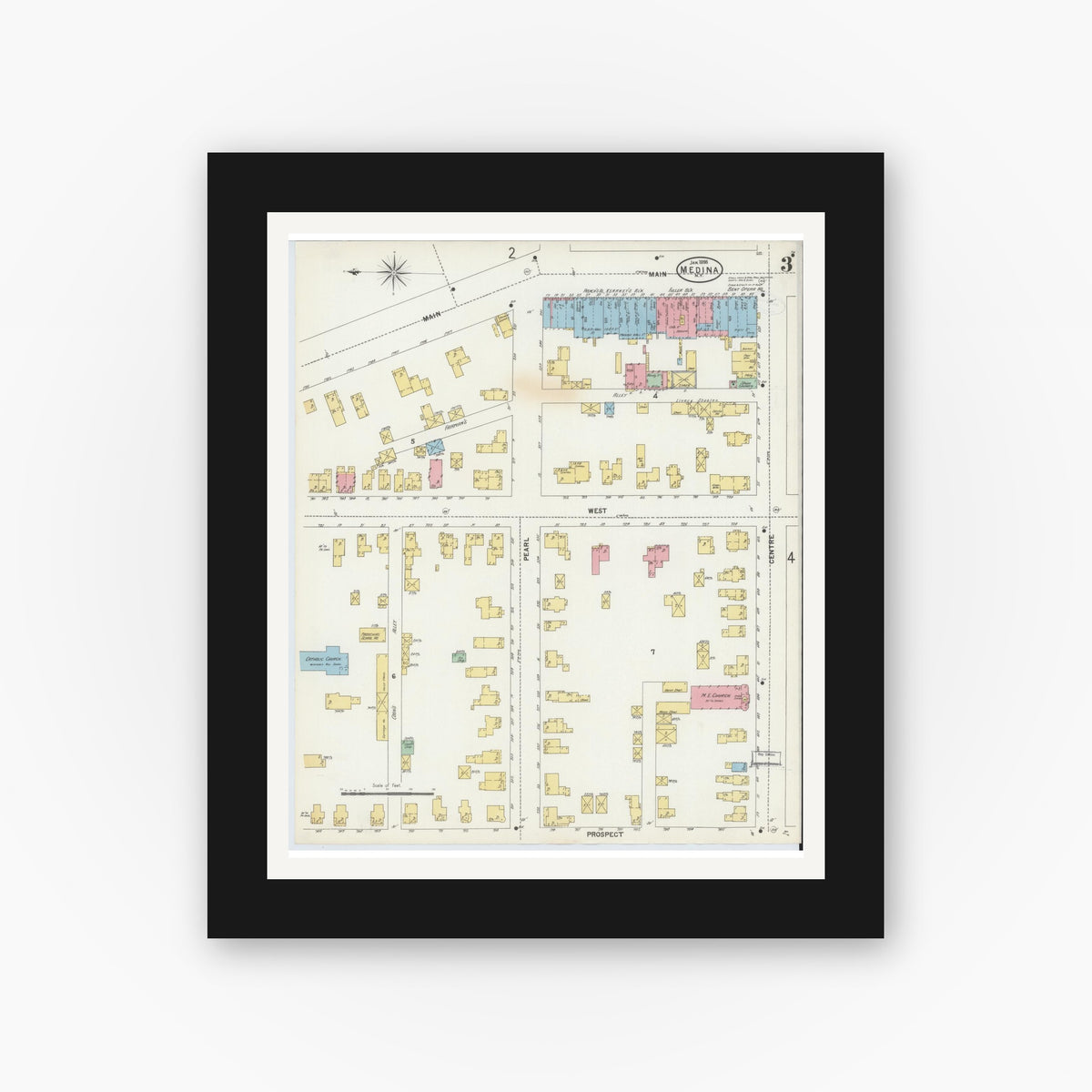 Old map wall art mockup — black gallery frame with white mat — Sanborn Fire Insurance Map from Medina, Orleans County, New York (1898), Sheet #0003