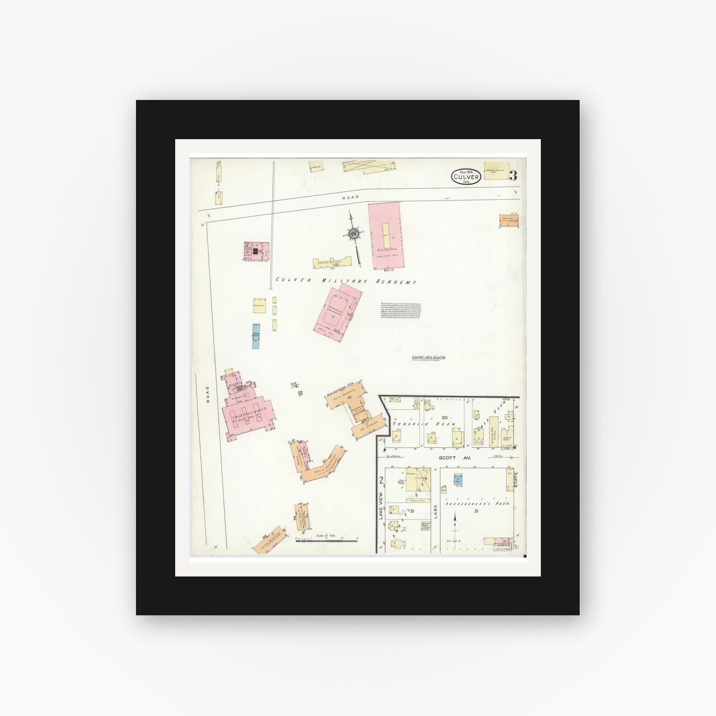 Old map wall art mockup — black gallery frame with white mat — Sanborn Fire Insurance Map from Culver, Marshall County, Indiana (1914), Sheet #0003