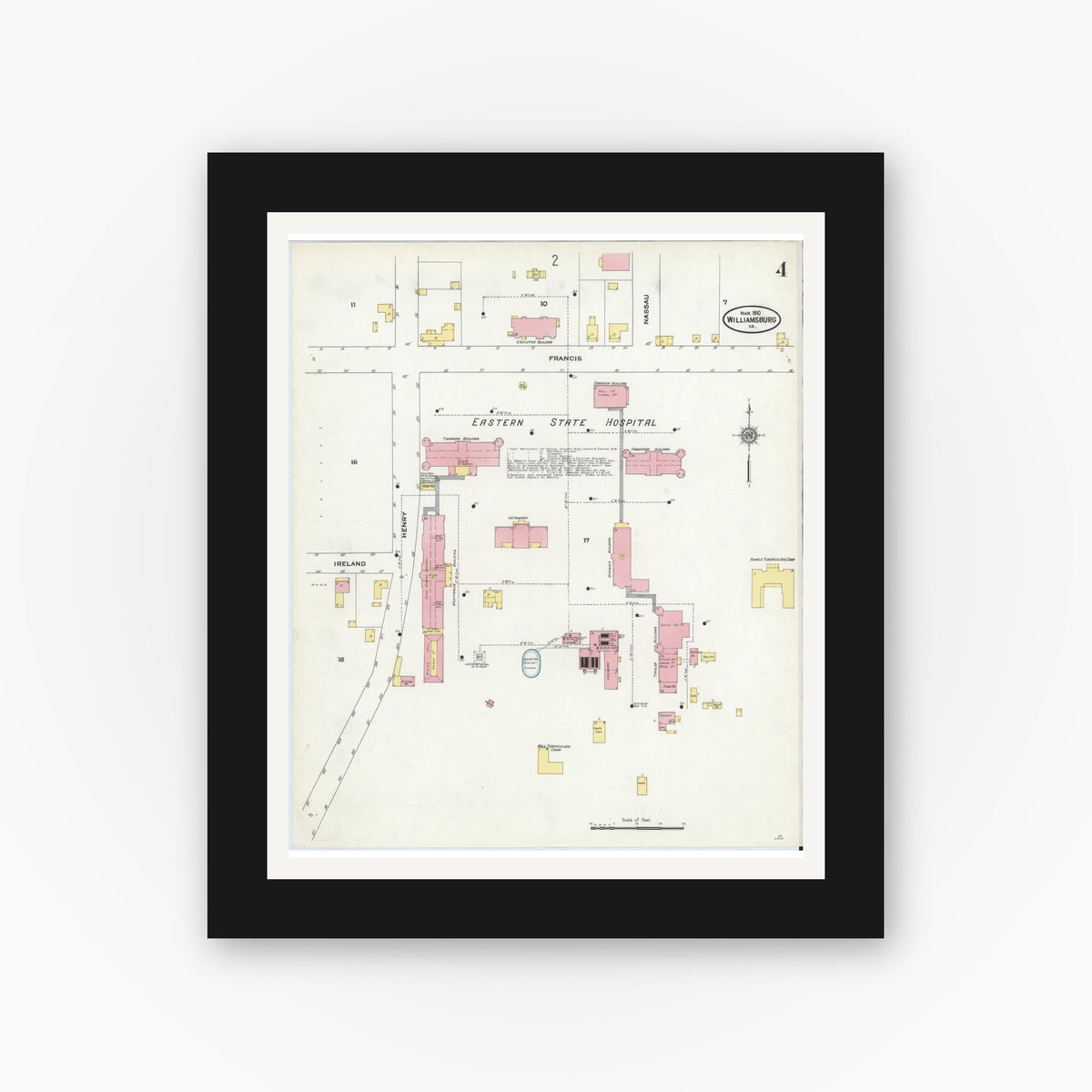 Old map wall art mockup — black gallery frame with white mat — Sanborn Fire Insurance Map from Williamsburg, Independent Cities, Virginia (1910), Sheet #0004