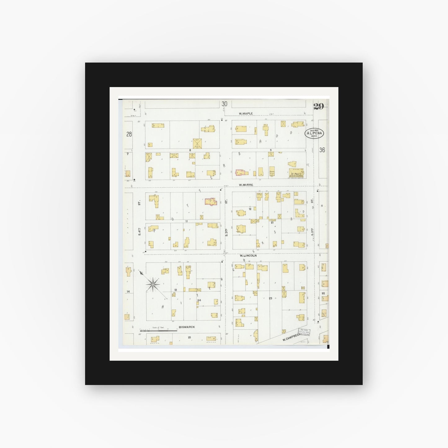Old map wall art mockup — black gallery frame with white mat — Sanborn Fire Insurance Map from Alpena, Alpena County, Michigan (1901), Sheet #0029