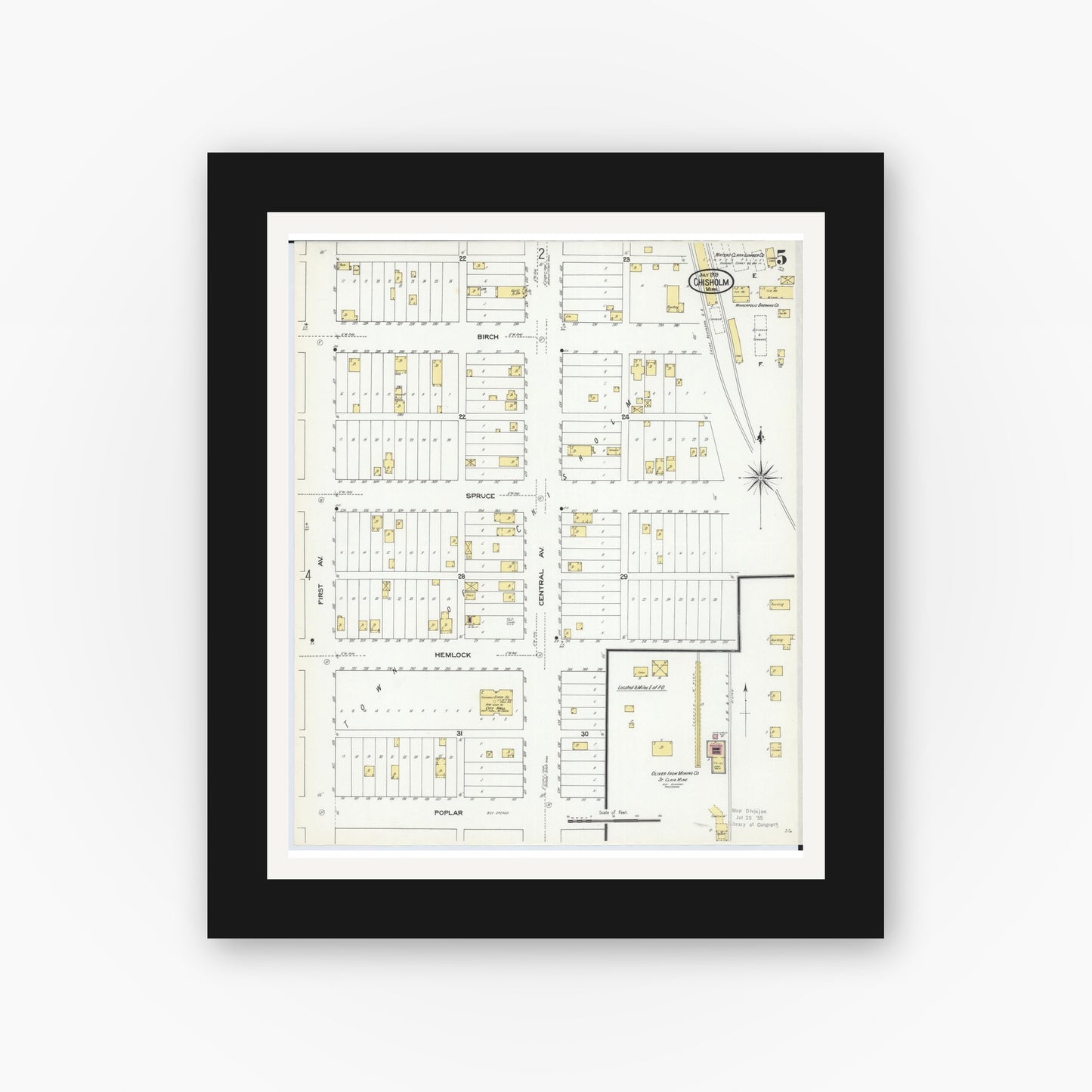 Old map wall art mockup — black gallery frame with white mat — Sanborn Fire Insurance Map from Chisholm, Saint Louis County, Minnesota (1909), Sheet #0005