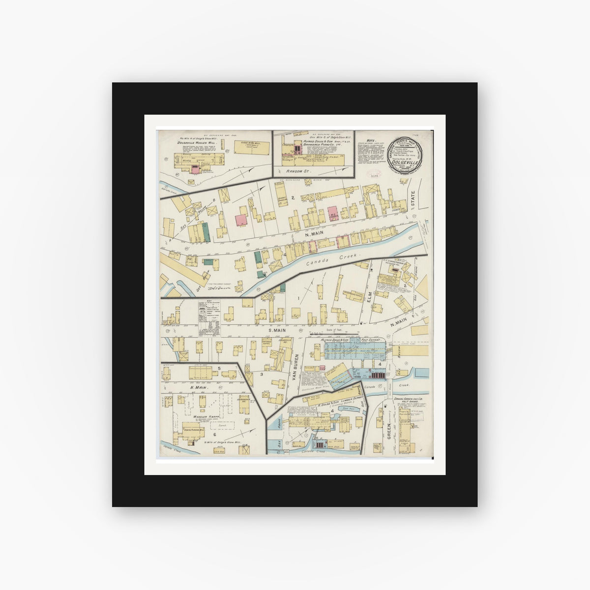 Old map wall art mockup — black gallery frame with white mat — Sanborn Fire Insurance Map from Dolgeville, Hirkimer County, New York (1894), Sheet #0001