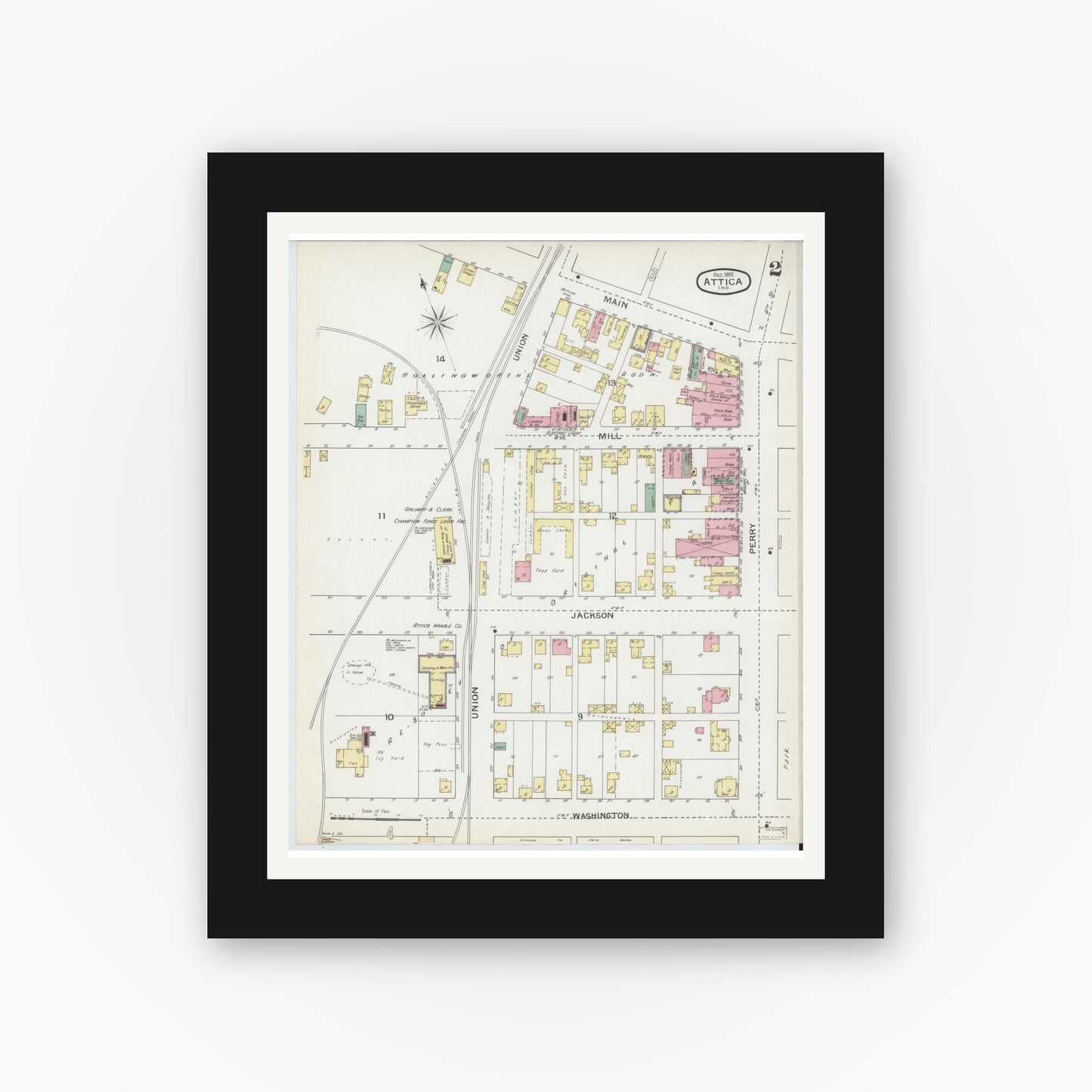Old map wall art mockup — black gallery frame with white mat — Sanborn Fire Insurance Map from Attica, Fountain County, Indiana (1892), Sheet #0002