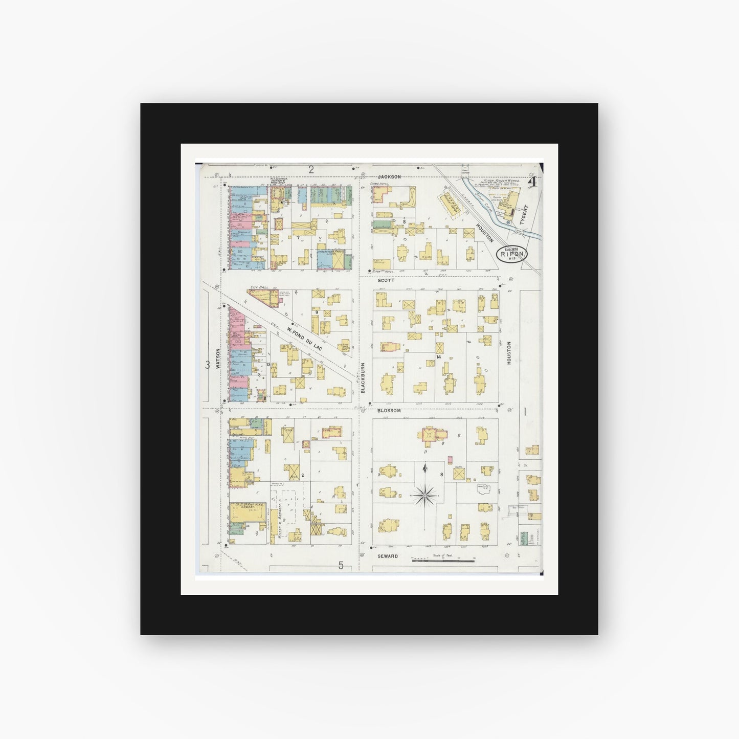 Old map wall art mockup — black gallery frame with white mat — Sanborn Fire Insurance Map from Ripon, Fond du Lac County, Wisconsin (1898), Sheet #0004
