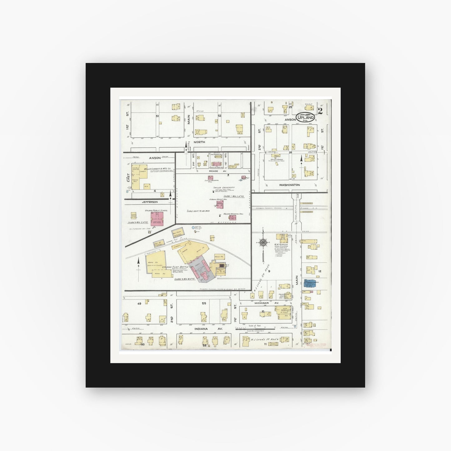 Old map wall art mockup — black gallery frame with white mat — Sanborn Fire Insurance Map from Upland, Grant County, Indiana (1920), Sheet #0002