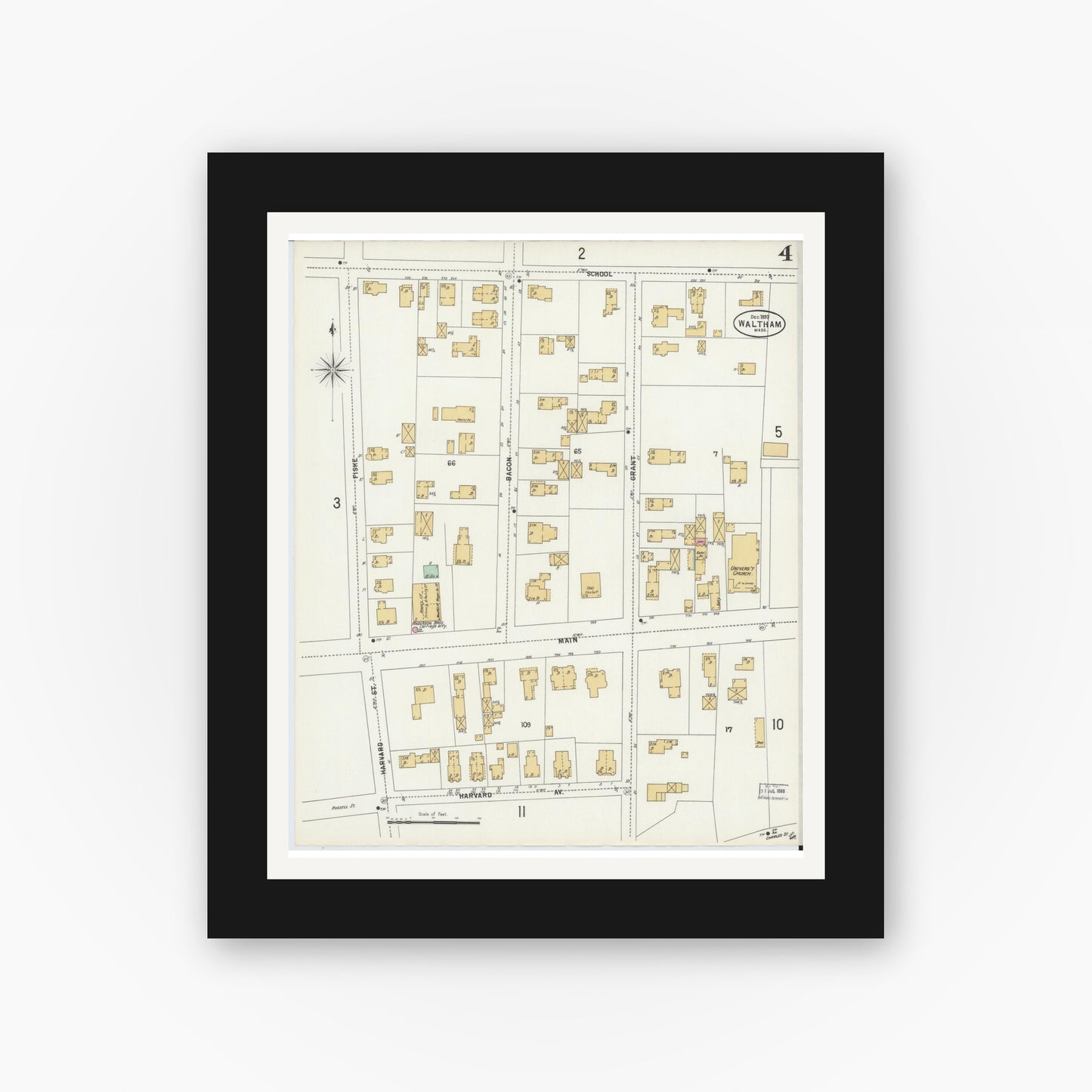 Old map wall art mockup — black gallery frame with white mat — Sanborn Fire Insurance Map from Waltham, Middlesex County, Massachusetts (1897), Sheet #0004