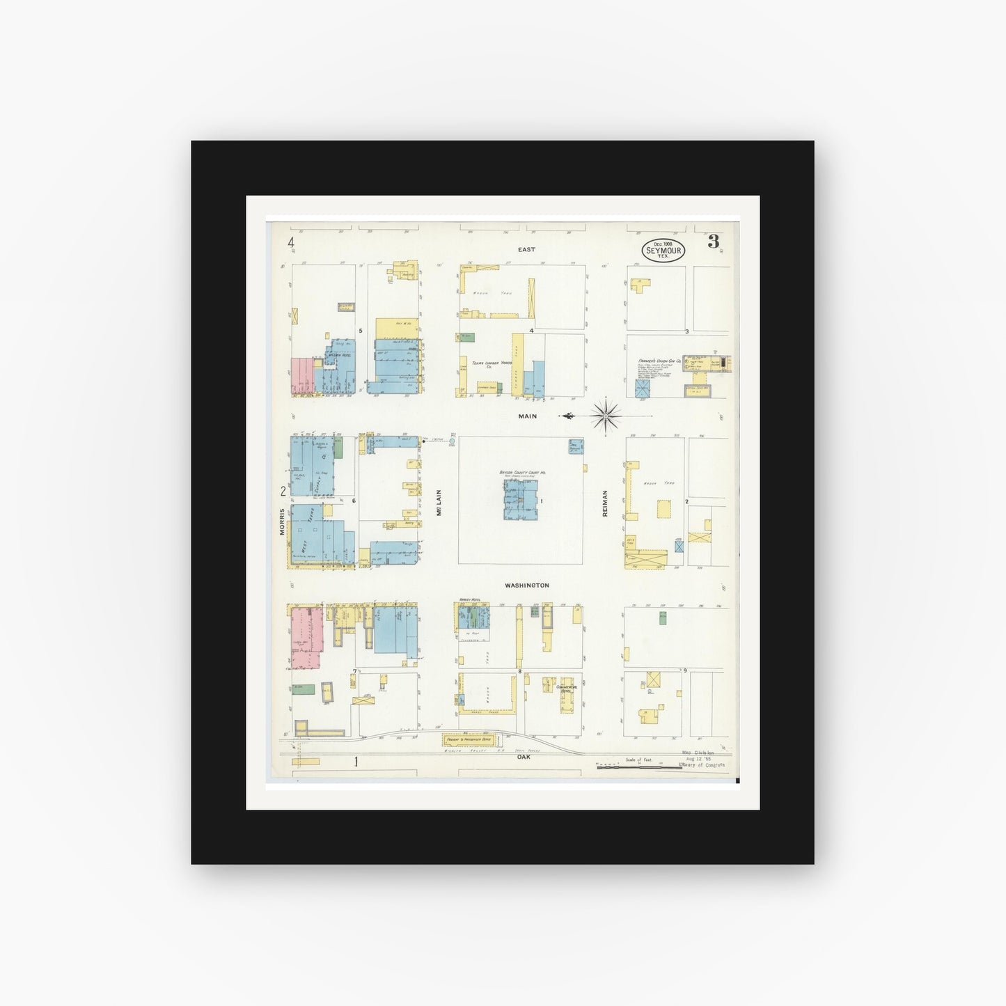 Old map wall art mockup — black gallery frame with white mat — Sanborn Fire Insurance Map from Seymour, Baylor County, Texas (1908), Sheet #0003
