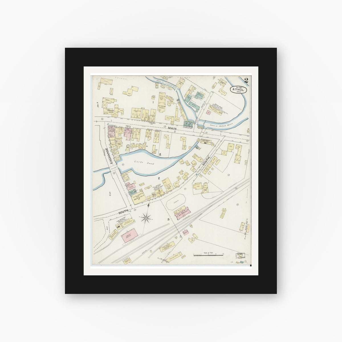 Old map wall art mockup — black gallery frame with white mat — Sanborn Fire Insurance Map from Athol, Worcester County, Massachusetts (1887), Sheet #0002