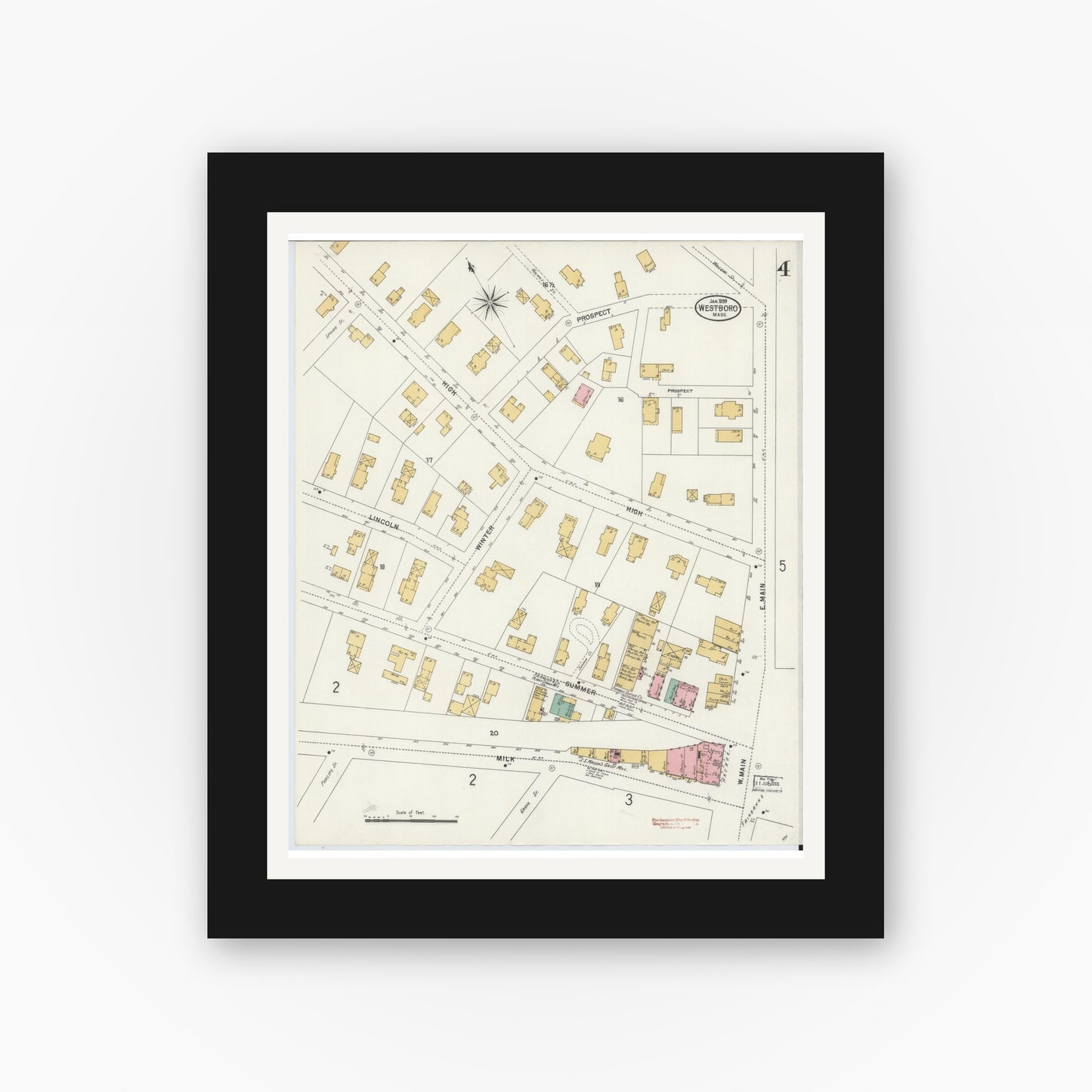 Old map wall art mockup — black gallery frame with white mat — Sanborn Fire Insurance Map from Westboro, Worcester County, Massachusetts (1899), Sheet #0004