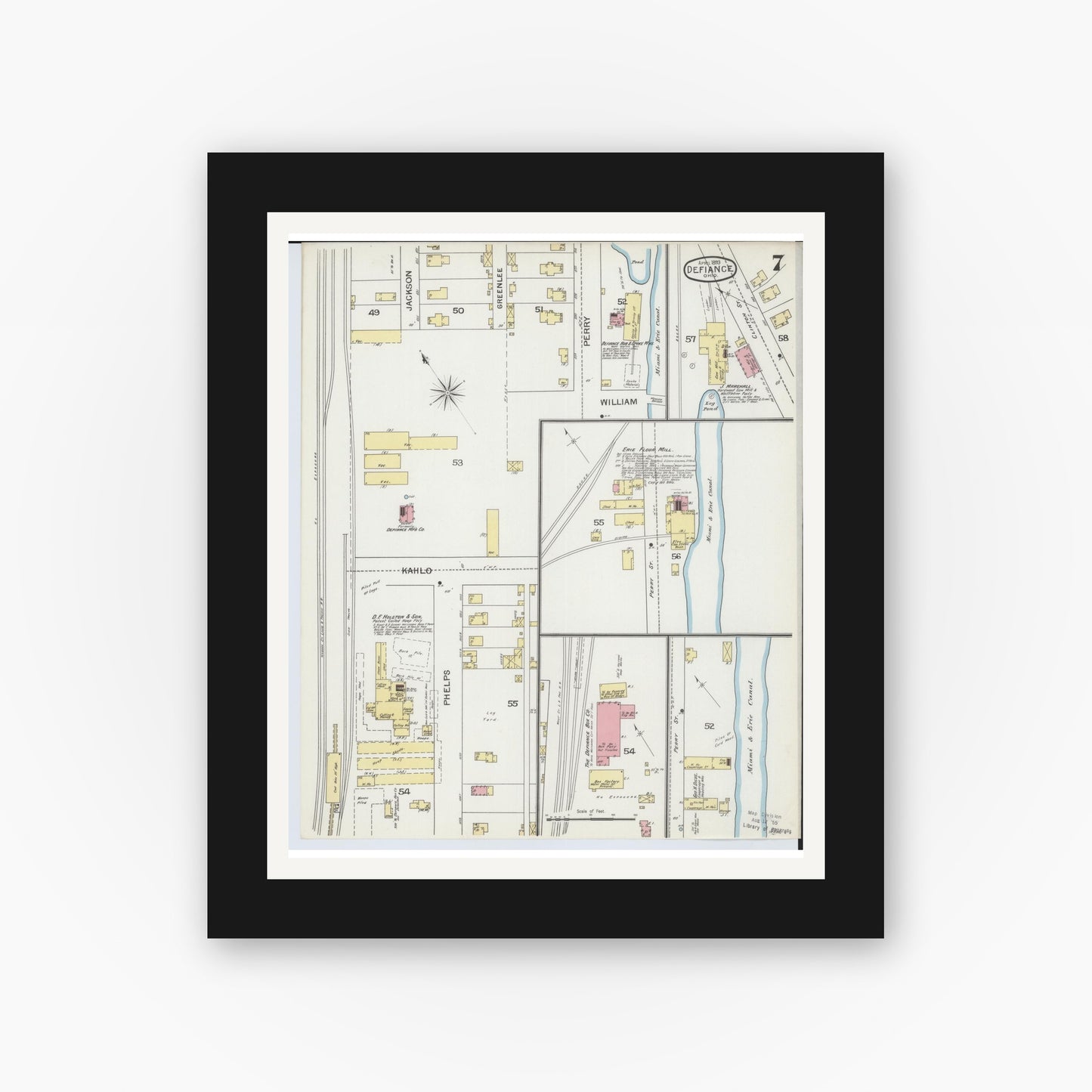 Old map wall art mockup — black gallery frame with white mat — Sanborn Fire Insurance Map from Defiance, Defiance County, Ohio (1893), Sheet #0007