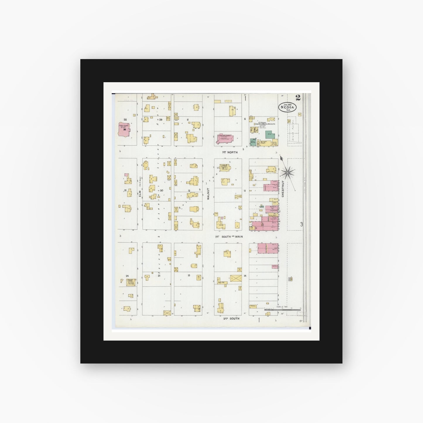 Old map wall art mockup — black gallery frame with white mat — Sanborn Fire Insurance Map from Neoga, Cumberland County, Illinois (1905), Sheet #0002