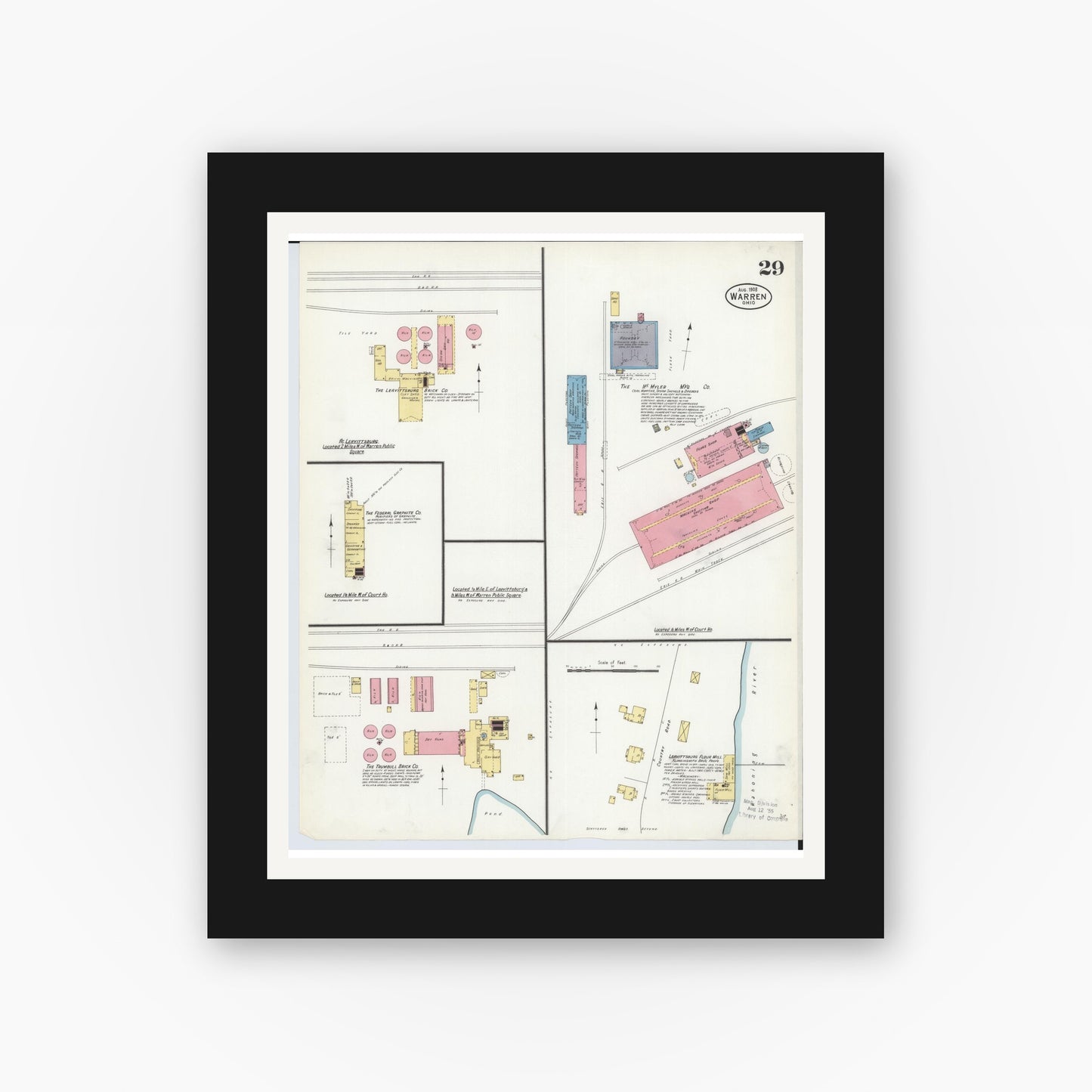 Old map wall art mockup — black gallery frame with white mat — Sanborn Fire Insurance Map from Warren, Trumbull County, Ohio (1908), Sheet #0029