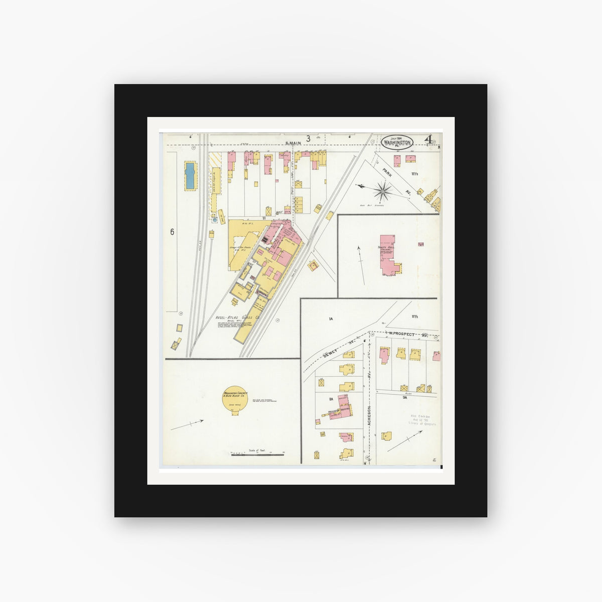 Old map wall art mockup — black gallery frame with white mat — Sanborn Fire Insurance Map from Washington, Washington County, Pennsylvania (1904), Sheet #0004