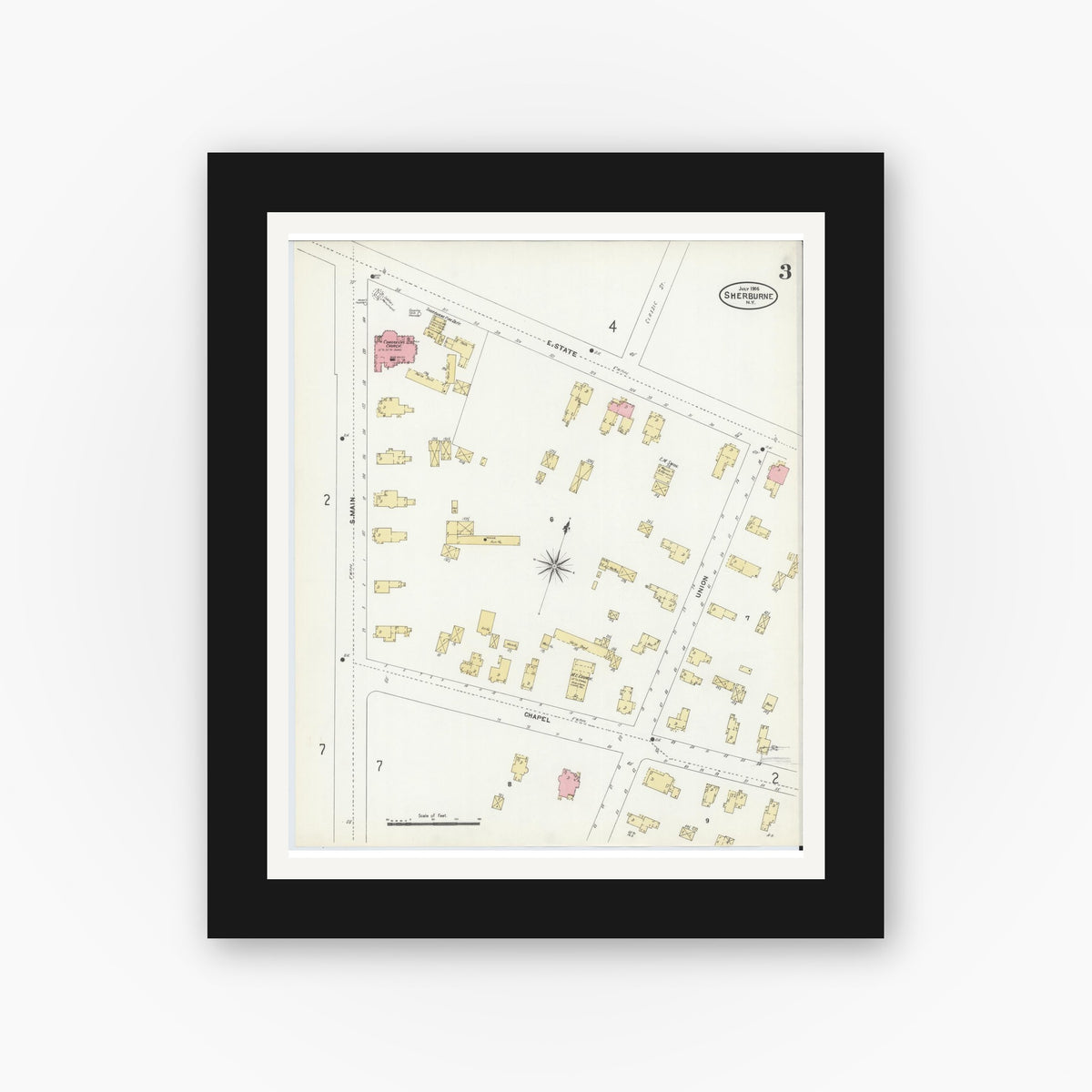 Old map wall art mockup — black gallery frame with white mat — Sanborn Fire Insurance Map from Sherburne, Chenango County, New York (1906), Sheet #0003