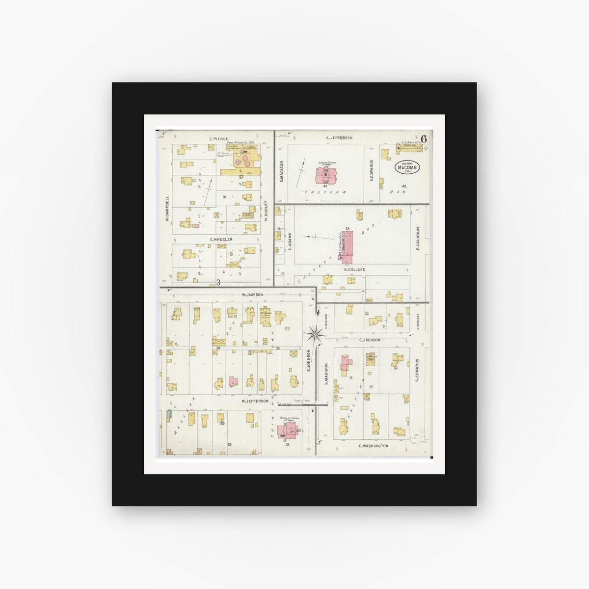 Old map wall art mockup — black gallery frame with white mat — Sanborn Fire Insurance Map from Macomb, Mcdonough County, Illinois (1898), Sheet #0006