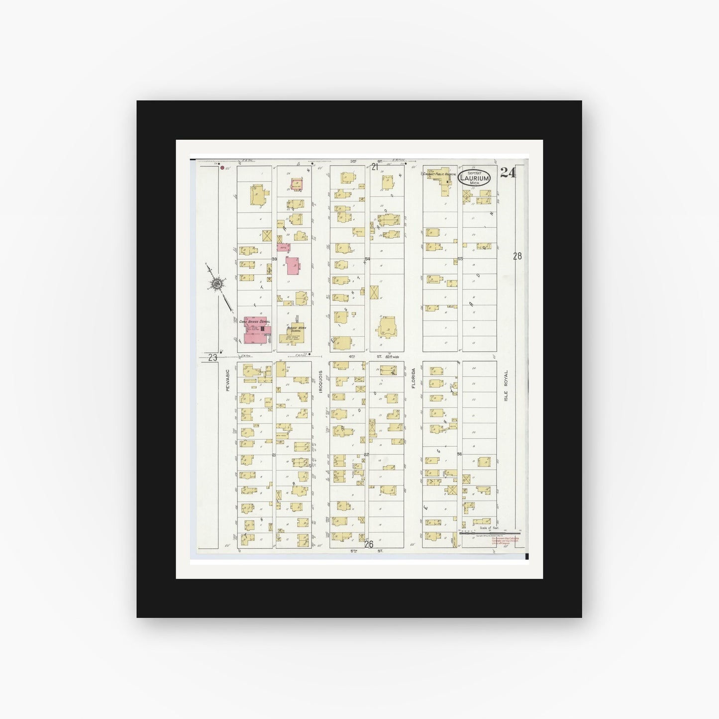 Old map wall art mockup — black gallery frame with white mat — Sanborn Fire Insurance Map from Laurium, Houghton County, Michigan (1917), Sheet #0024