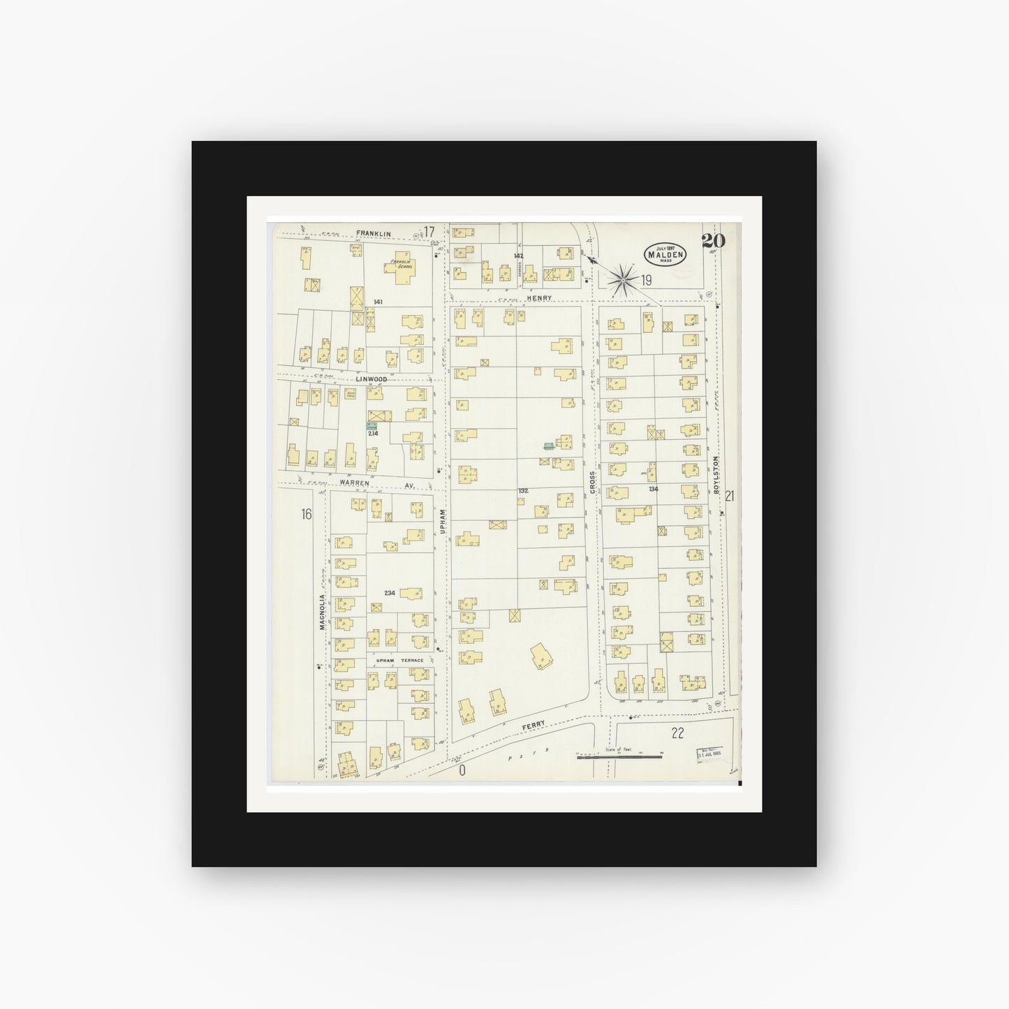 Old map wall art mockup — black gallery frame with white mat — Sanborn Fire Insurance Map from Malden, Middlesex County, Massachusetts (1897), Sheet #0020