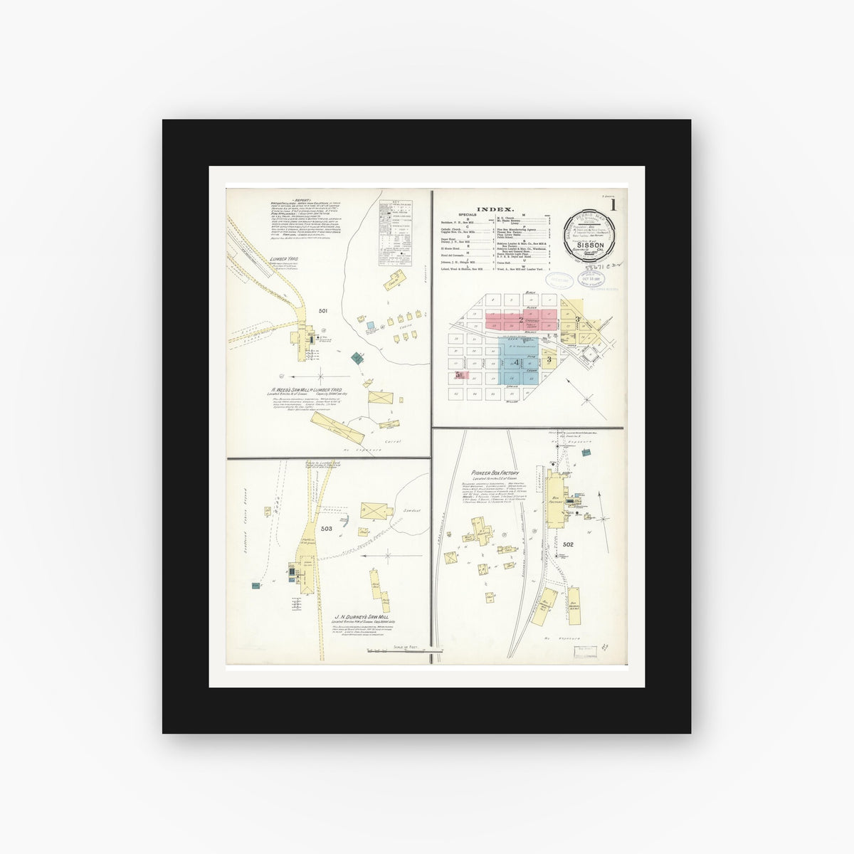 Old map wall art mockup — black gallery frame with white mat — Sanborn Fire Insurance Map from Sisson, Siskiyou County, California (1897) - Complete Map Set