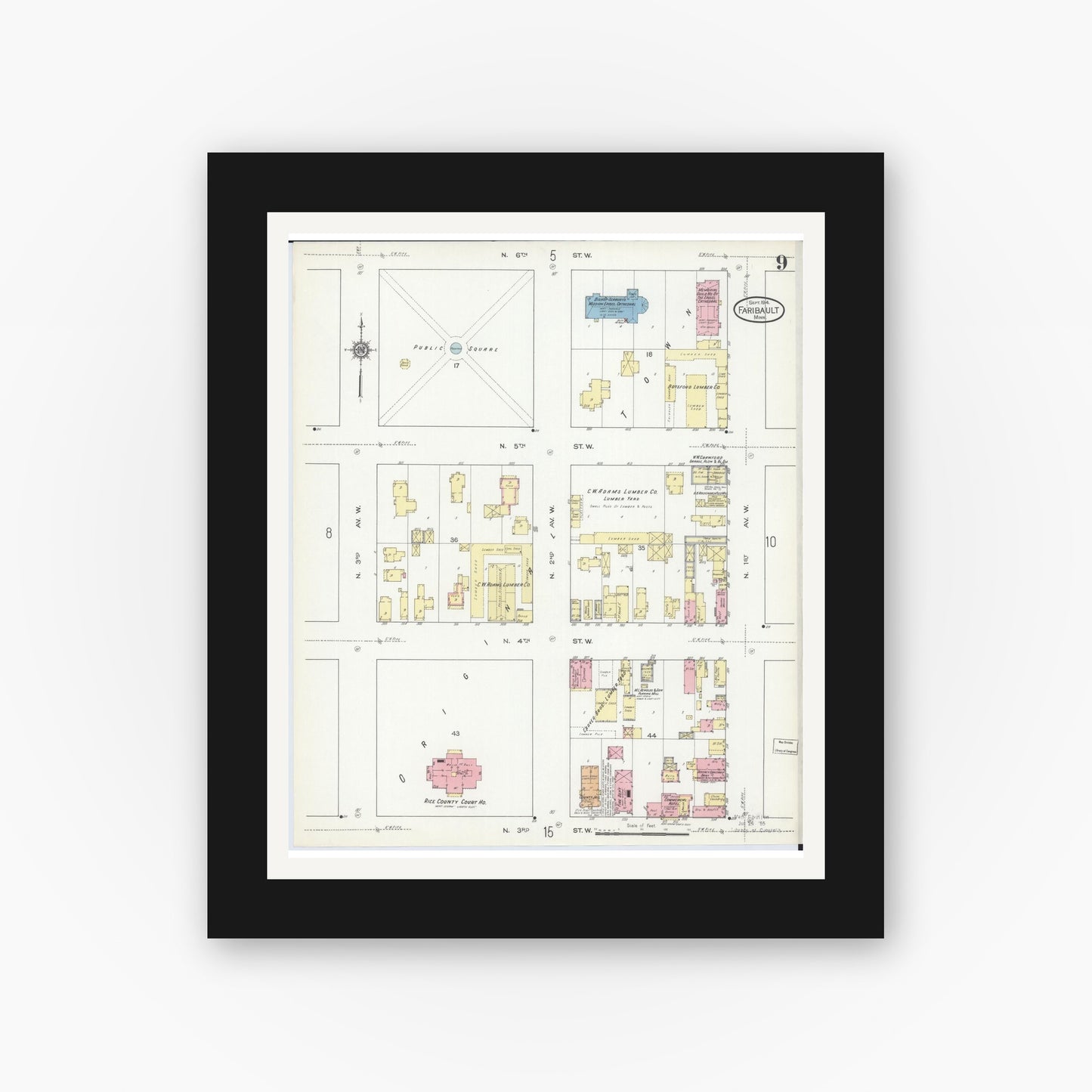 Old map wall art mockup — black gallery frame with white mat — Sanborn Fire Insurance Map from Faribault, Rice County, Minnesota (1914), Sheet #0009