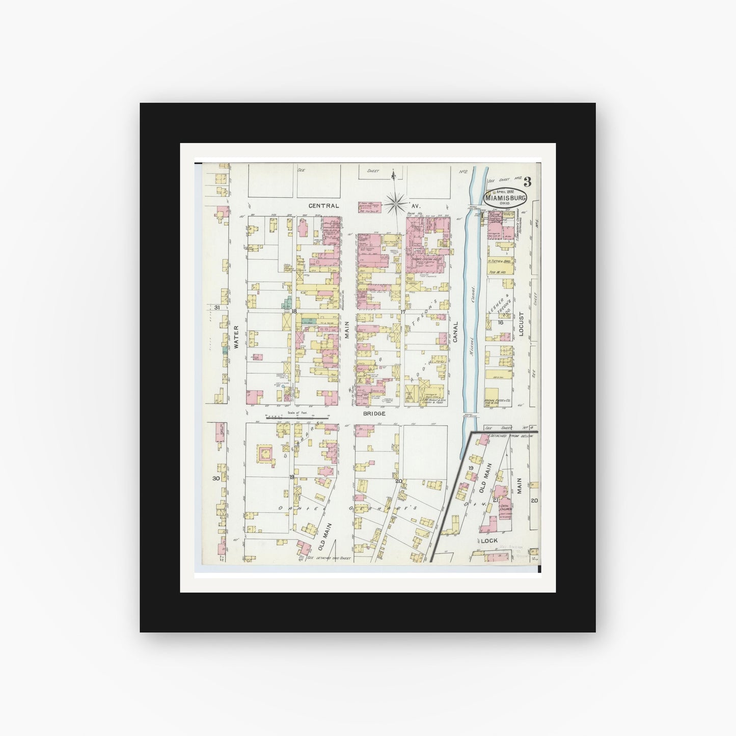 Old map wall art mockup — black gallery frame with white mat — Sanborn Fire Insurance Map from Miamisburg, Montgomery County, Ohio (1892), Sheet #0003