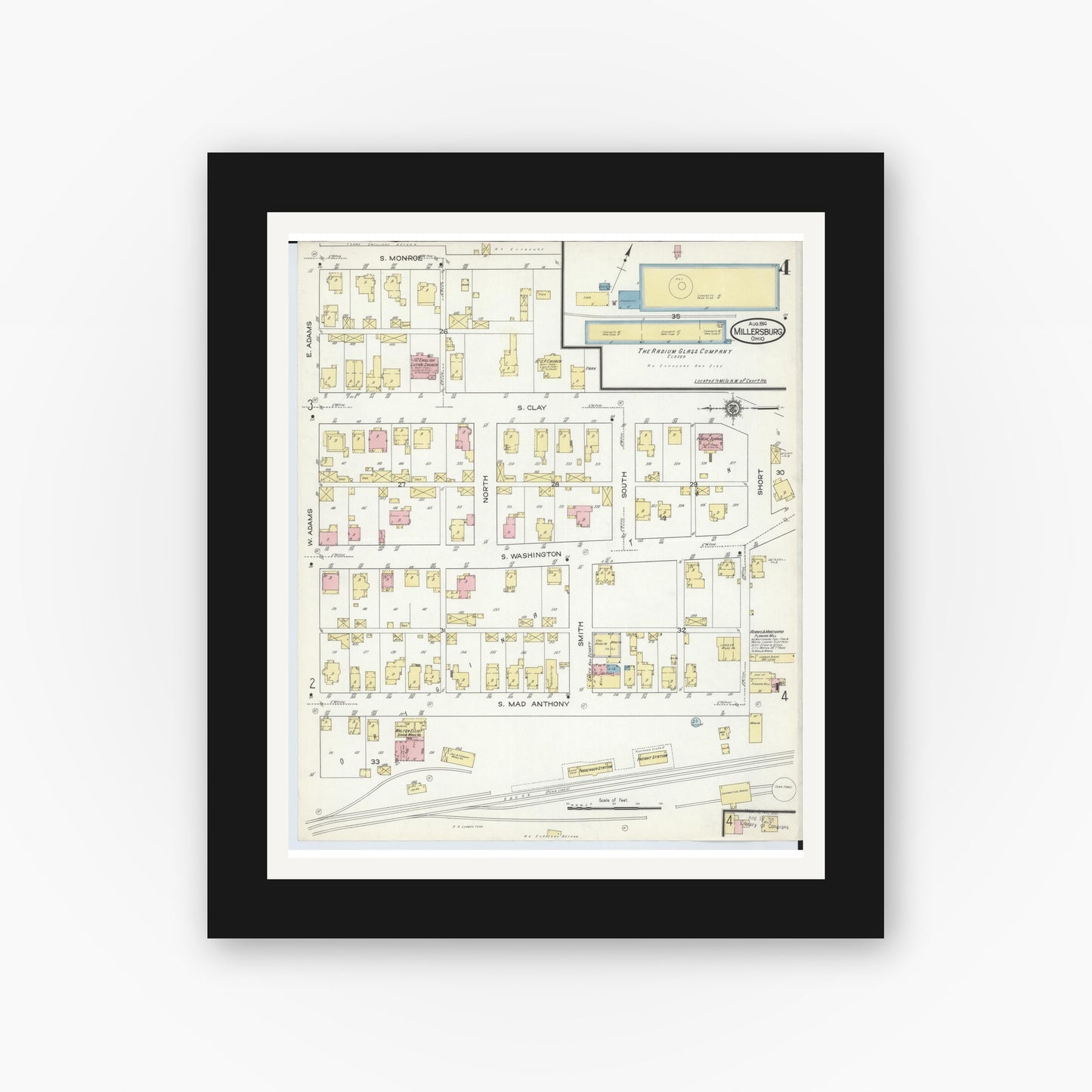 Old map wall art mockup — black gallery frame with white mat — Sanborn Fire Insurance Map from Millersburg, Holmes County, Ohio (1914), Sheet #0004