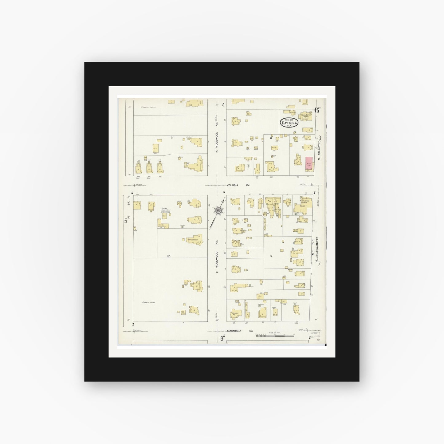 Old map wall art mockup — black gallery frame with white mat — Sanborn Fire Insurance Map from Daytona, Volusia County, Florida (1912), Sheet #0006