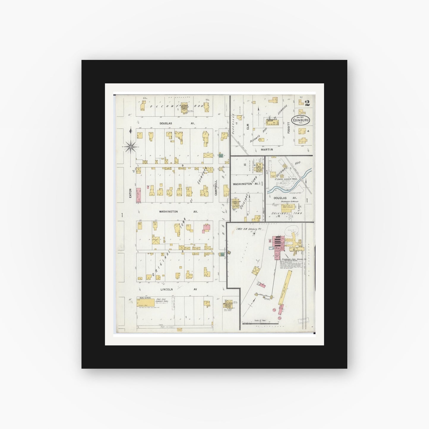 Old map wall art mockup — black gallery frame with white mat — Sanborn Fire Insurance Map from Edinburgh, Christian County, Illinois (1901), Sheet #0002