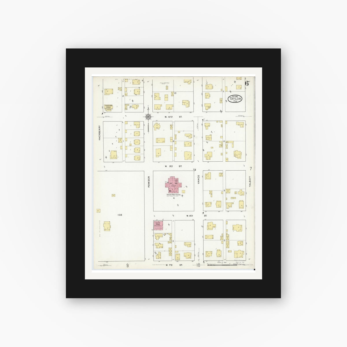 Old map wall art mockup — black gallery frame with white mat — Sanborn Fire Insurance Map from Taylor, Williamson County, Texas (1916), Sheet #0006