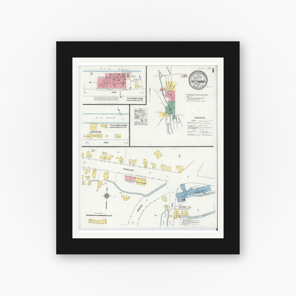 Old map wall art mockup — black gallery frame with white mat — Sanborn Fire Insurance Map from Chittenango, Madison County, New York (1911) - Complete Map Set
